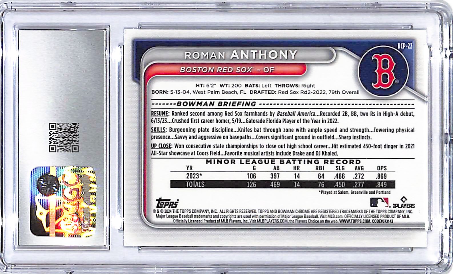 2024 Bowman Chrome Roman Anthony Prospect Rookie BCP-22 CGC 9.5 Red Sox