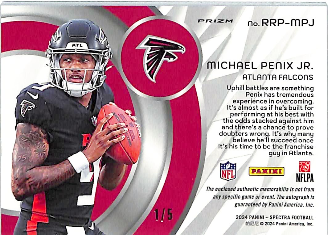 2024 Sepctra Michael Penix Jr Auto AutograpH Rookie RC Patch Jersey Logo /5 Falcons