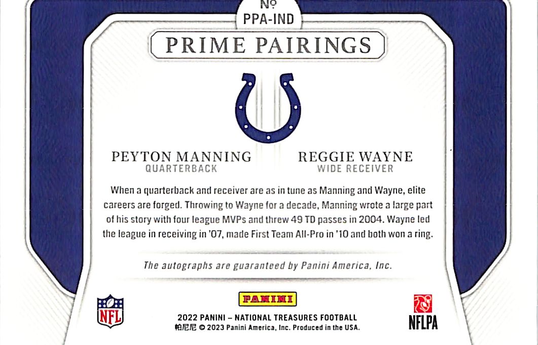 2022 National Treasures Peyton Manning Reggie Wayne Auto Autograph /25 Prime Pairings Colts