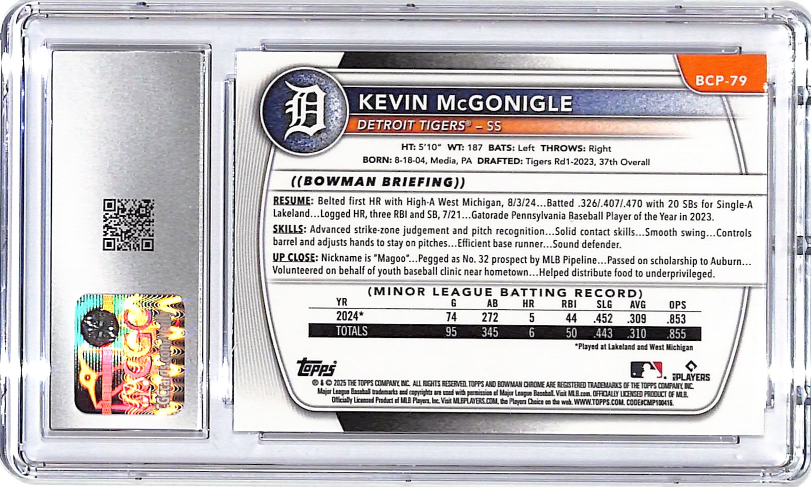 2025 Bowman Chrome Kevin McGonigle Rookie RC Prospect CGC 9 Tigers