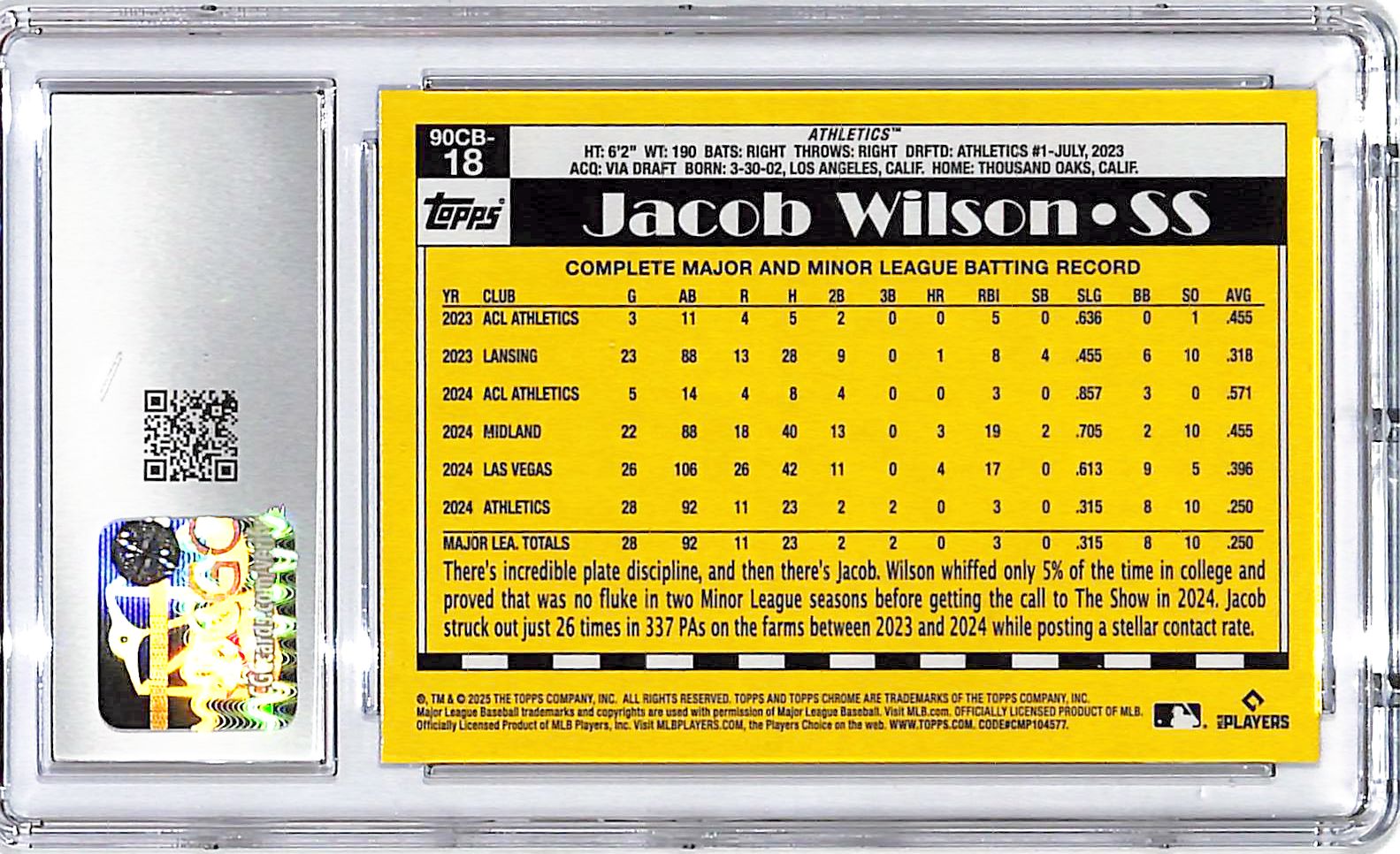 2025 Topps Chrome Jacob Wilson 90 Topps Rookie RC CGC 10 Athletics