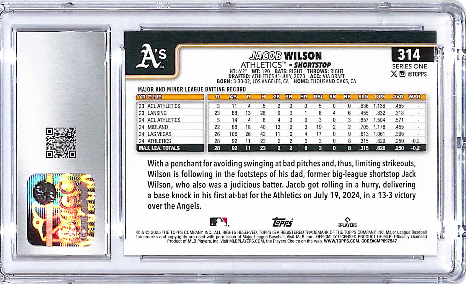 2025 Topps Jacob Wilson Confetti Rookie RC #314 CGC 9.5 Athletics