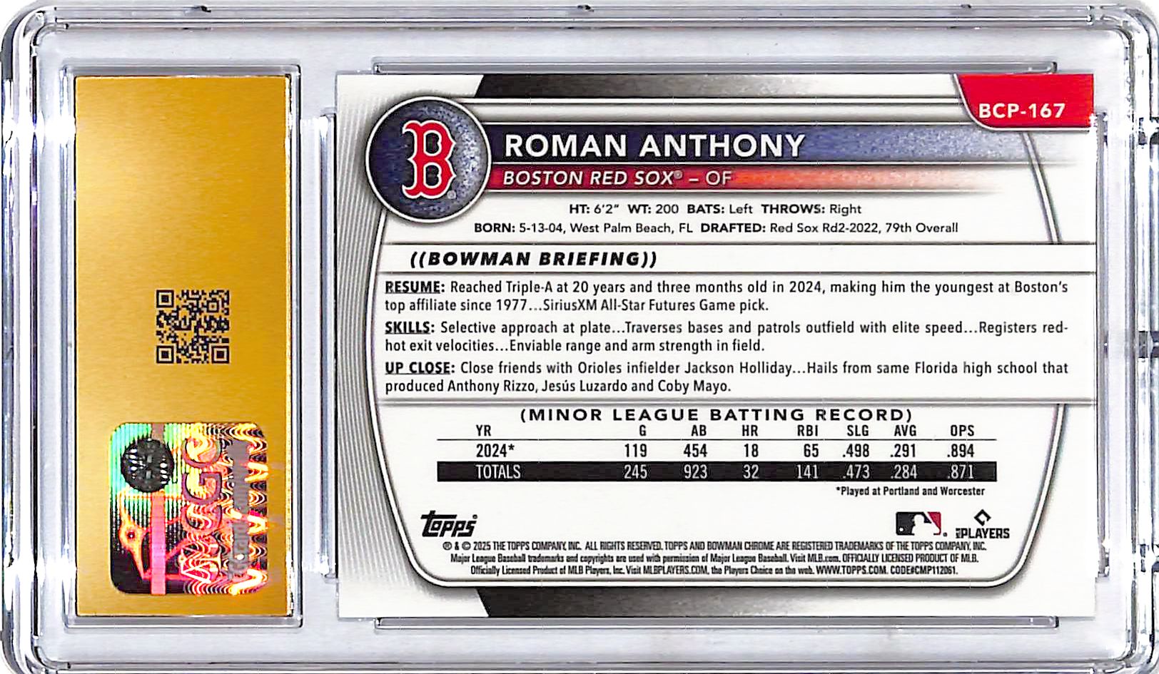 2025 Bowman Chrome Roman Anthony Rookie RC Prospect CGC 10 Pristine Red Sox