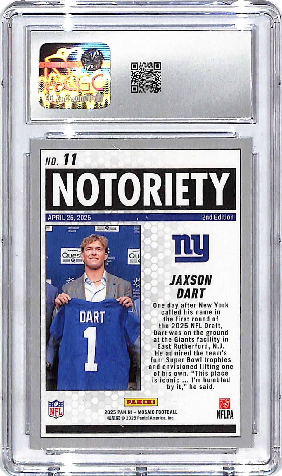 2025 Mosaic Jaxson Dart Notoriety Rookie RC CGC 10 Giants