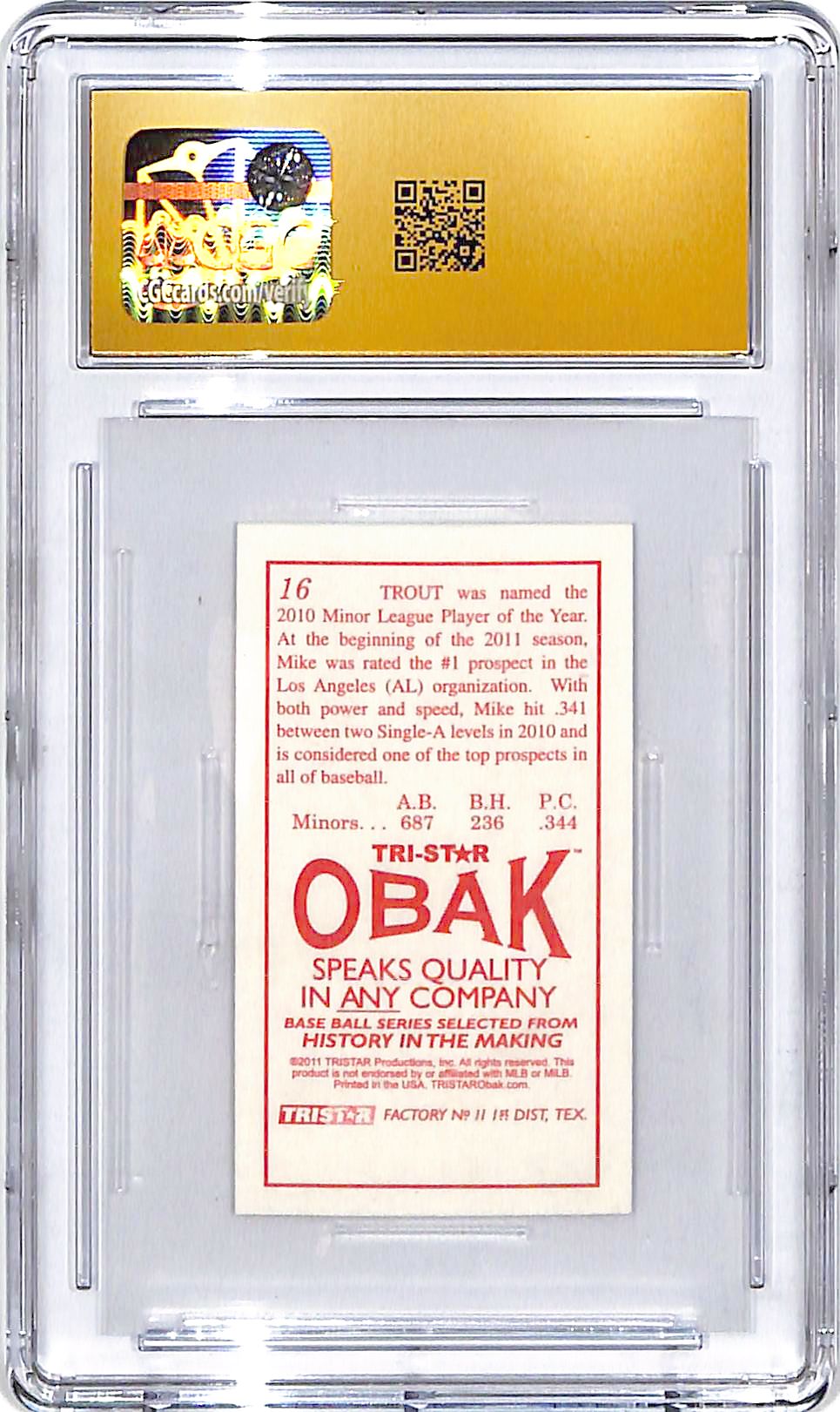 2011 Tristar Obak Mike Trout T-212 Mini Rookie RC #10 CGC 10 Pristine Angels