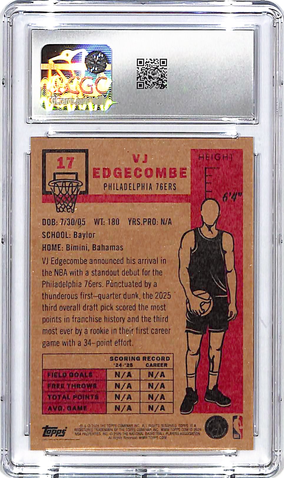 2025-26 Topps Living Set VJ Edgecombe Rookie RC #17 CGC 10 76ers