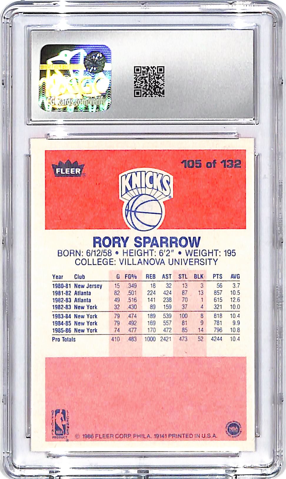 1986-87 Fleer Rory Sparrow #105 CGC 8 Knicks