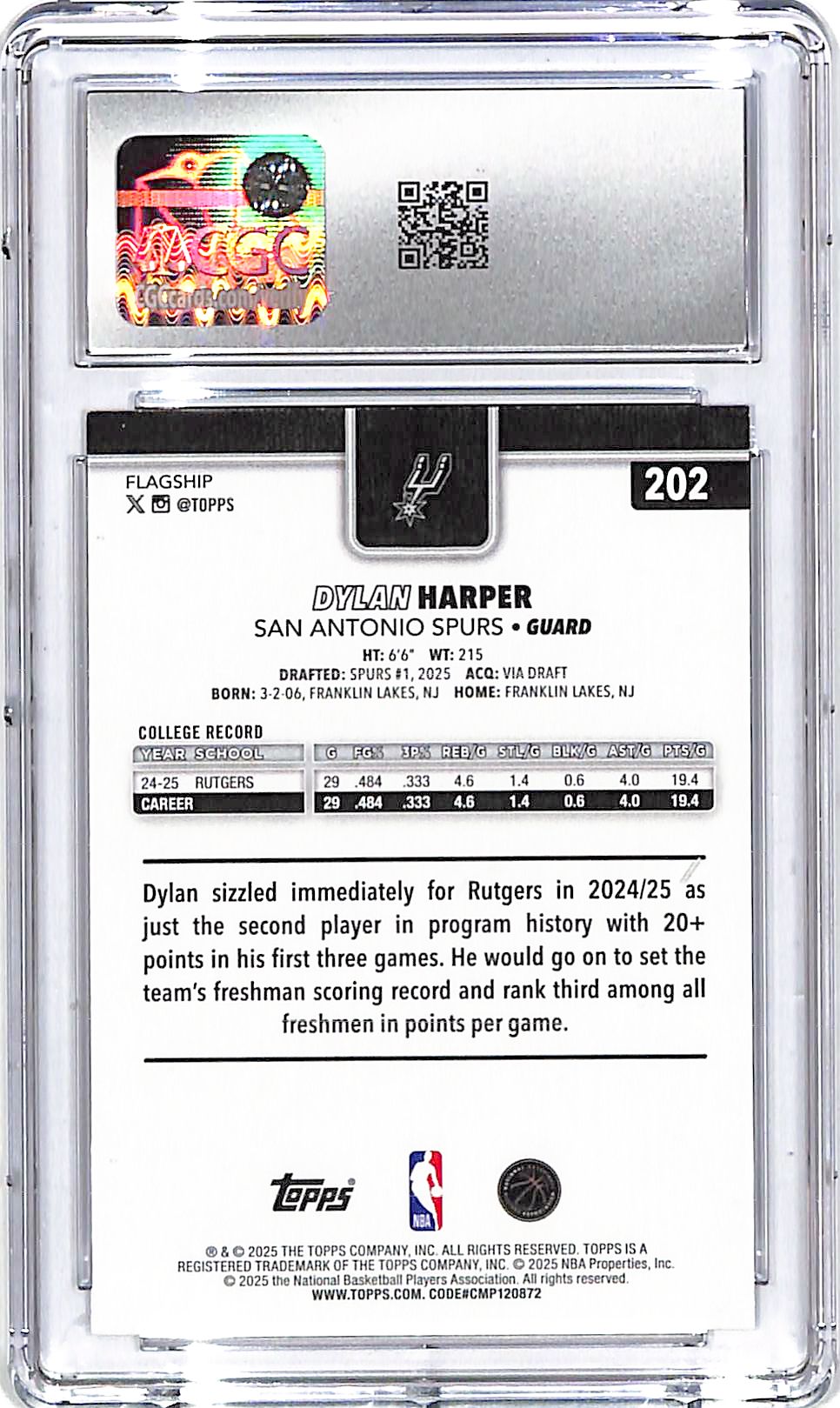 2025-26 Topps Dylan Harper Rookie RC #202 CGC 10 Spurs