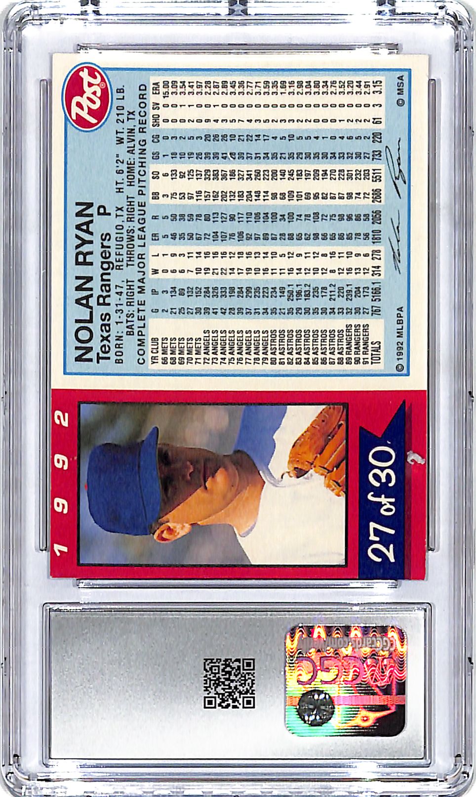 1992 Post Cereal Nolan Ryan #27 CGC 8.5 Rangers