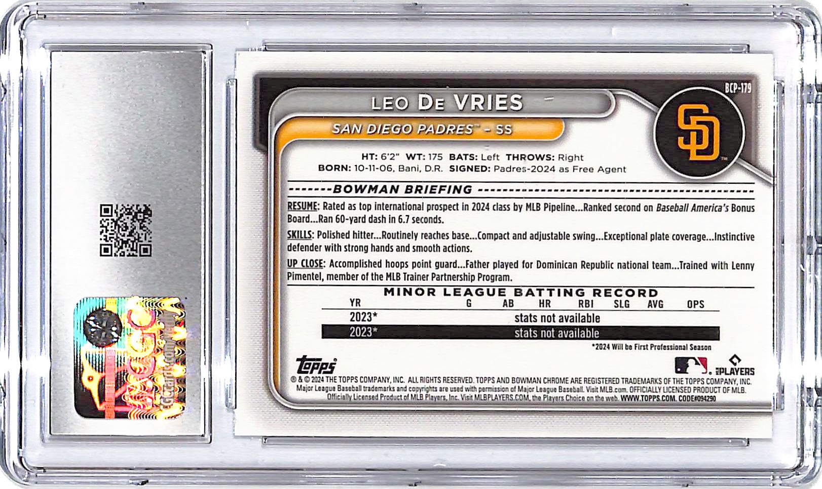 2024 Bowman Chrome Leo De Vries Rookie RC Mega Box Mojo Refractor CGC 10 Padres