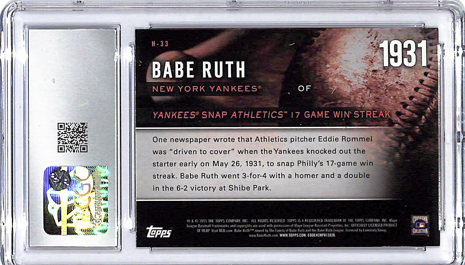 2015 Topps Babe Ruth Highlight of the Year #33 CGC 9.5 Yankees