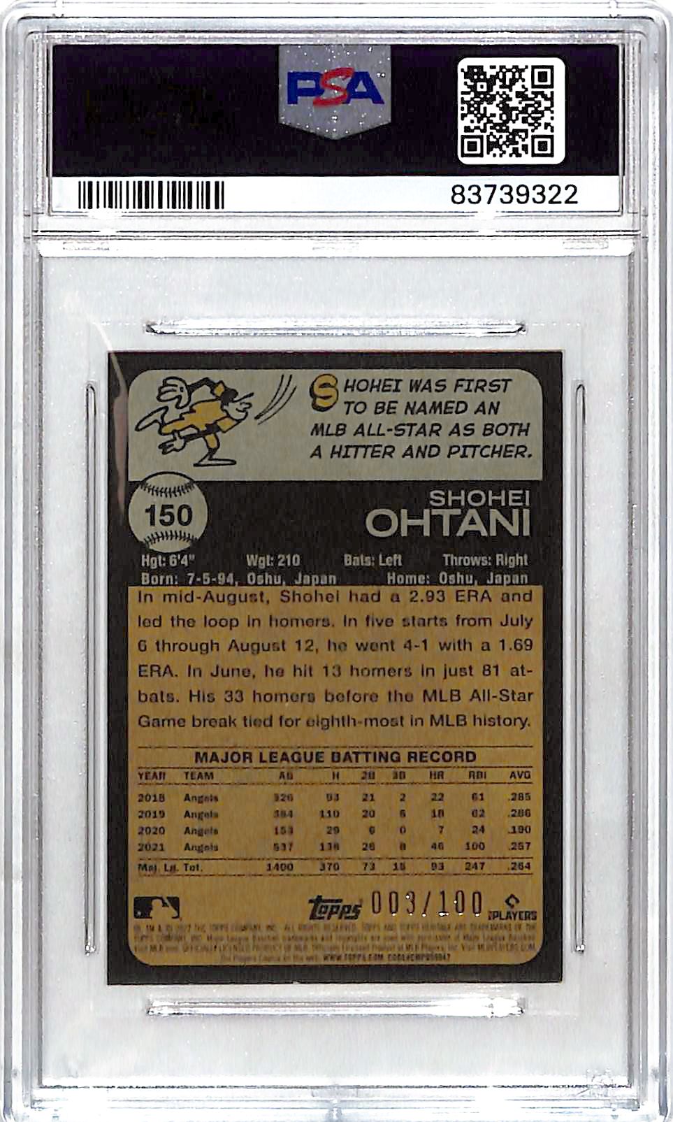2022 Topps Heritage Shohei Ohtani Mini /100 PSA 9 Angels