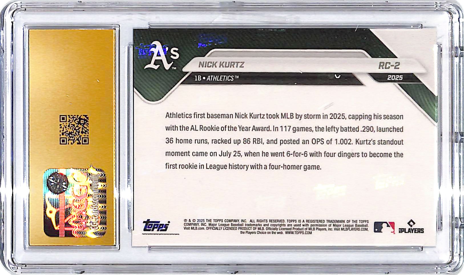 2025 Topps Now Nick Kurtz Rookie Cup RC CGC 10 Pristine Athletics