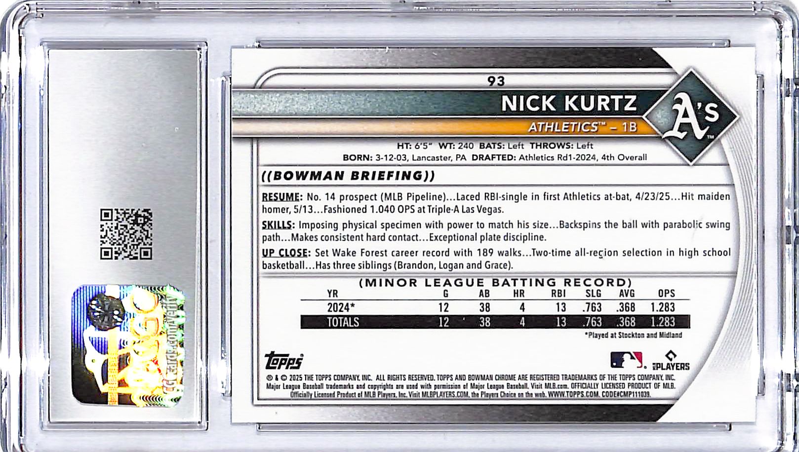 2025 Bowman Chrome Nick Kurtz Rookie Mojo Mega Box Refractor CGC 9 Athletics