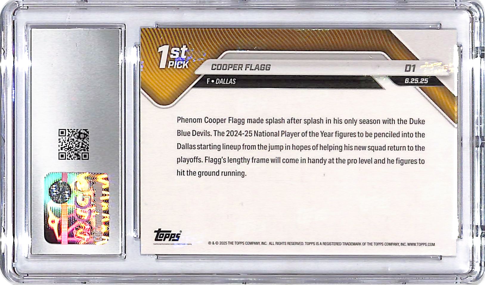 2025 Topps Now Cooper Flagg Draft Rookie RC D1 CGC 10 Mavericks