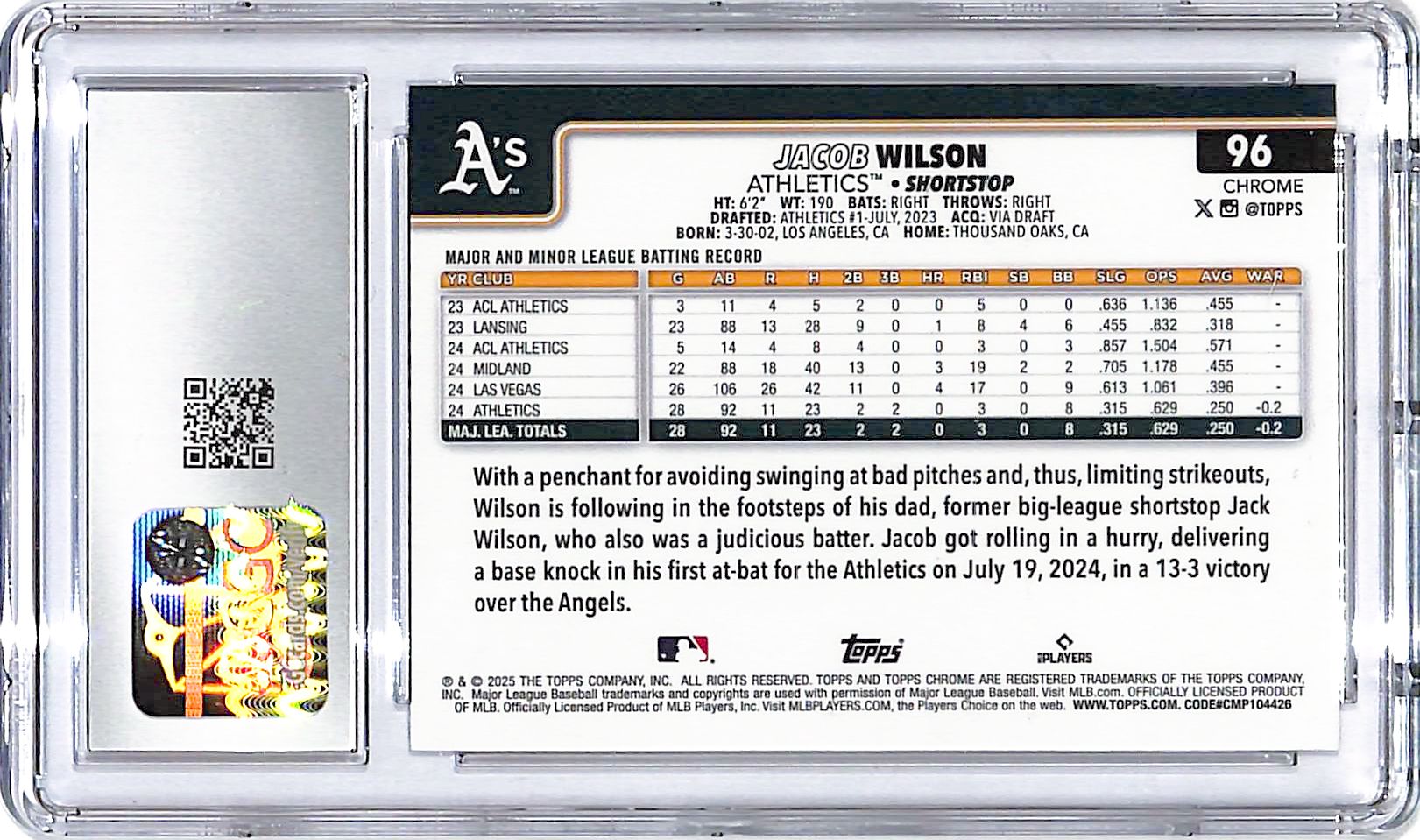 2025 Topps Chrome Jacob Wilson Rookie RC #96 CGC 10 Athletics