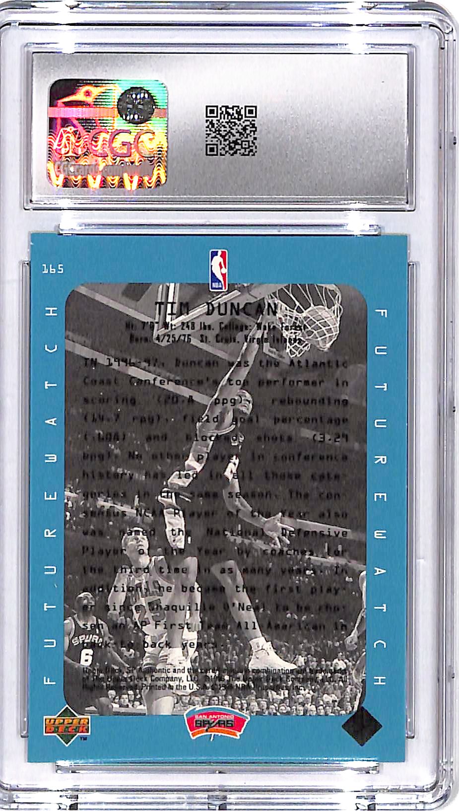 1997-98 SP Authentic Tim Duncan Future Watch Rookie RC #165 CGC 8.5 Spurs