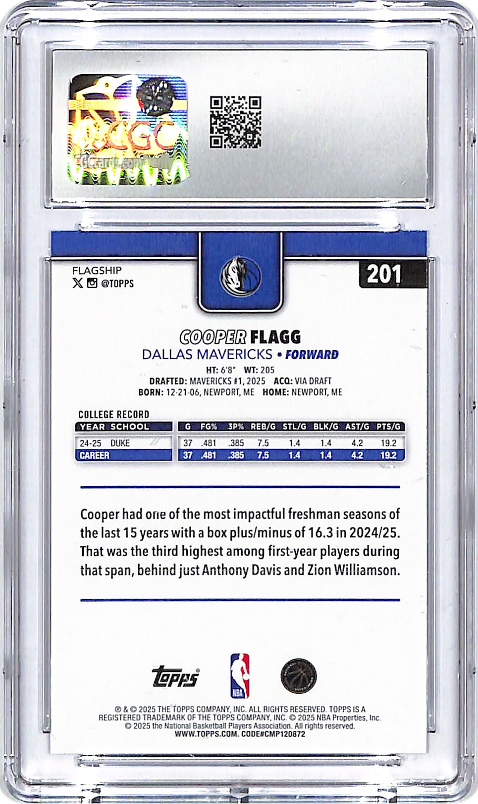 2025-26 Topps Cooper Flagg Rookie RC #201 CGC 9.5 Mavericks