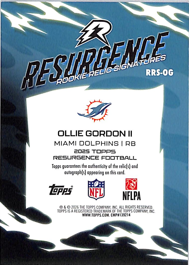 2026 Topps Resurgence Ollie Gordon Auto Autograph Rookie RC Patch Jersey Gold /50 Dolphins