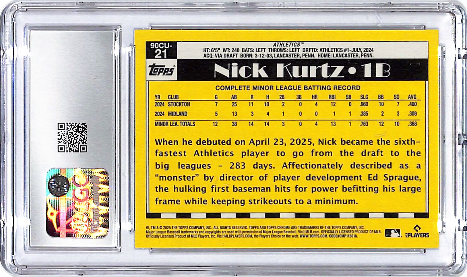 2025 Topps Chrome Update Nick Kurtz 90 Topps Throwback Rookie CGC 9 Athletics