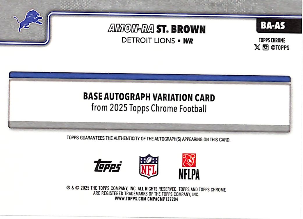 2025 Topps Chrome Amon-Ra St Brown Auto Autograph Yellow Refractor /275 Lions