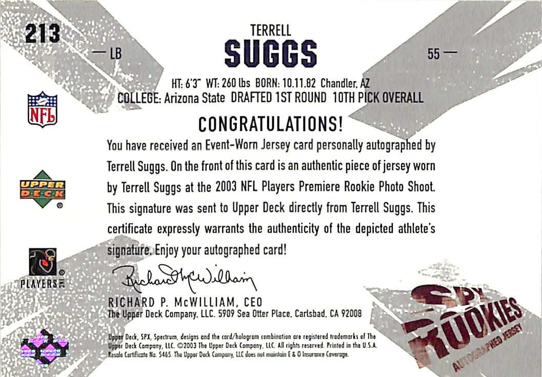 2003 SPx Terrell Suggs Auto Autograph Rookie RC Patch Jersey /1100 Ravens