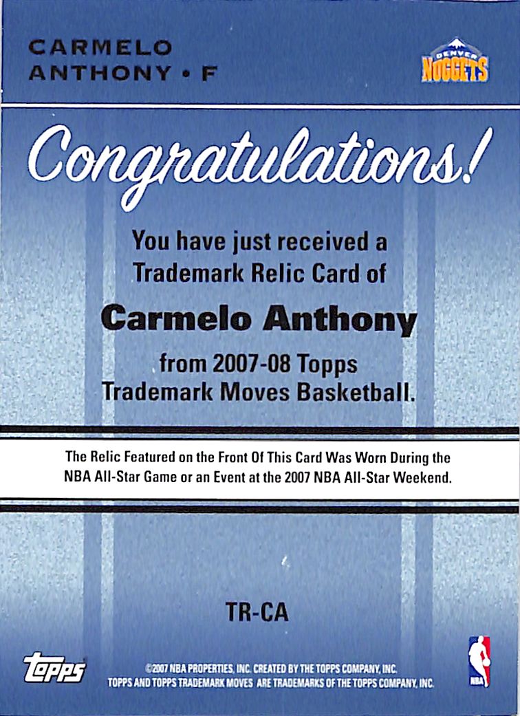 2007-08 Topps Trademark Moves Carmelo Anthony Jersey Patch In the Paint /199