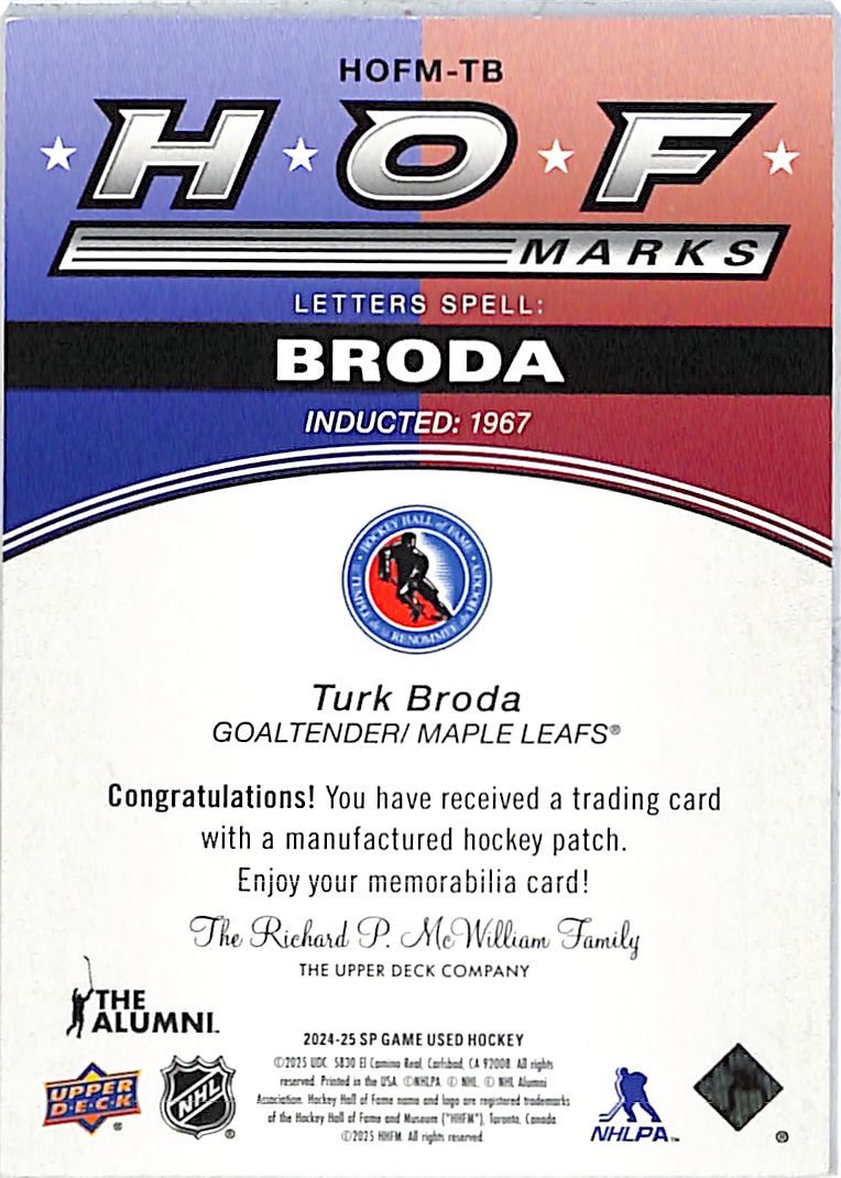 2024-25 SP Game Used Turk Broda HOF Marks Letterman Patch /35 Maple Leafs