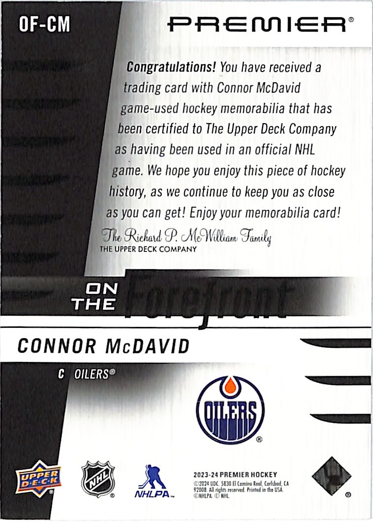 2023-24 Premier Connor McDavid Jersey Patch On the Forefront /199 Oilers