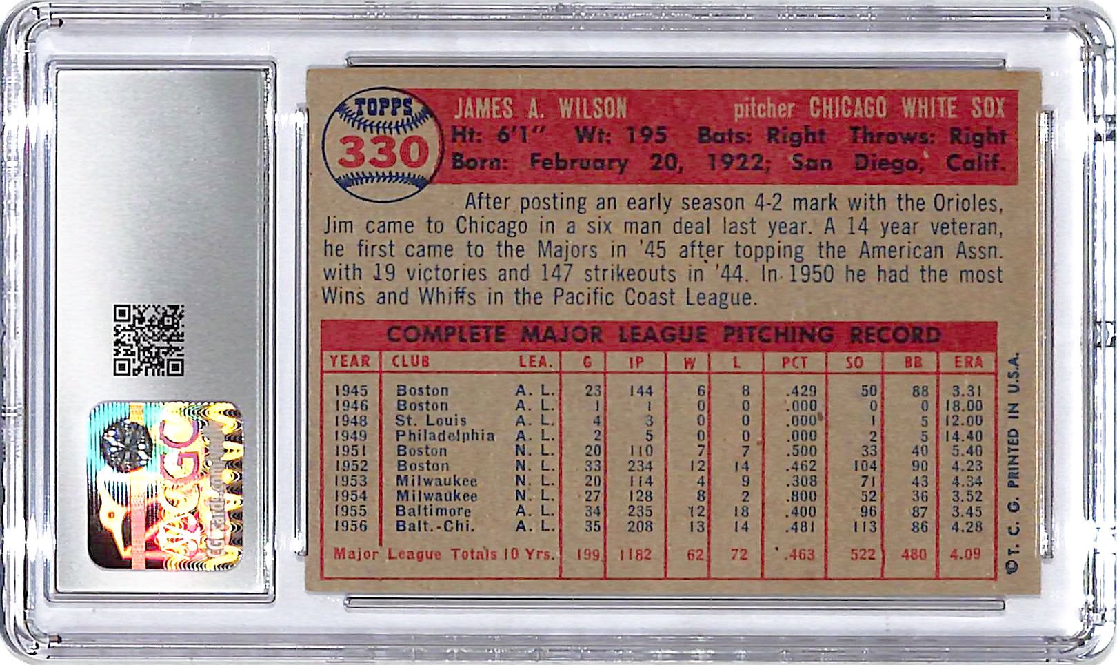 1957 Topps Jim Wilson #330 CGC 5.5 White Sox