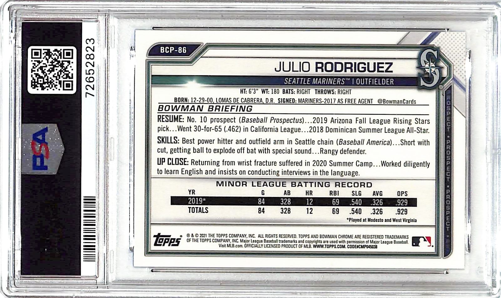 2021 Bowman Chrome Sapphire Julio Rodriguez Prospect Rookie RC PSA 10 Mariners