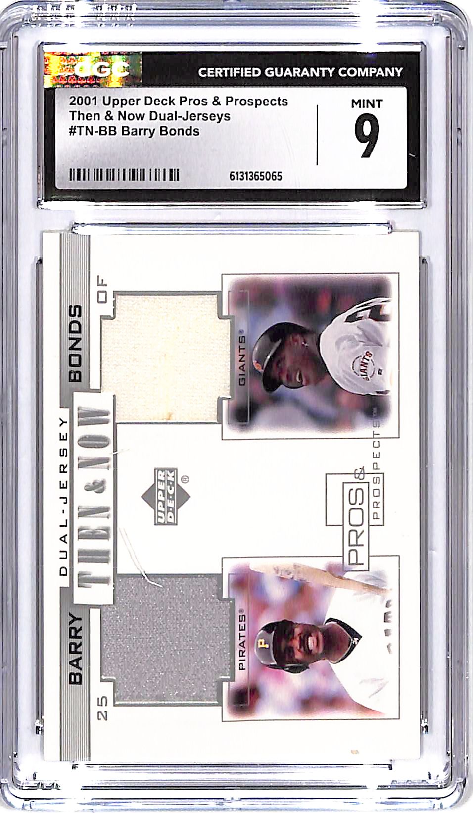 2001 Upper Deck Pros and Prospects Barry Bonds Then and Now Jersey Patch Bat CGC 9