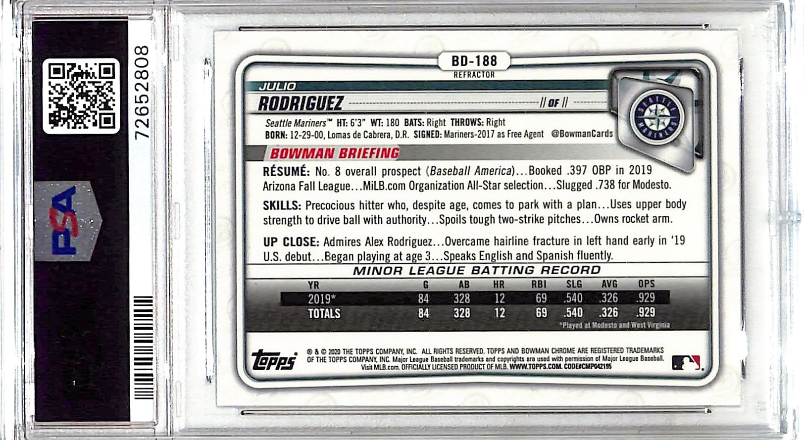 2020 Bowman Draft Chrome Julio Rodriguez Rookie RC Refractor PSA 10 Mariners