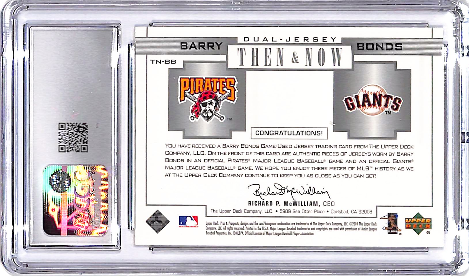 2001 Upper Deck Pros and Prospects Barry Bonds Then and Now Jersey Patch Bat CGC 9