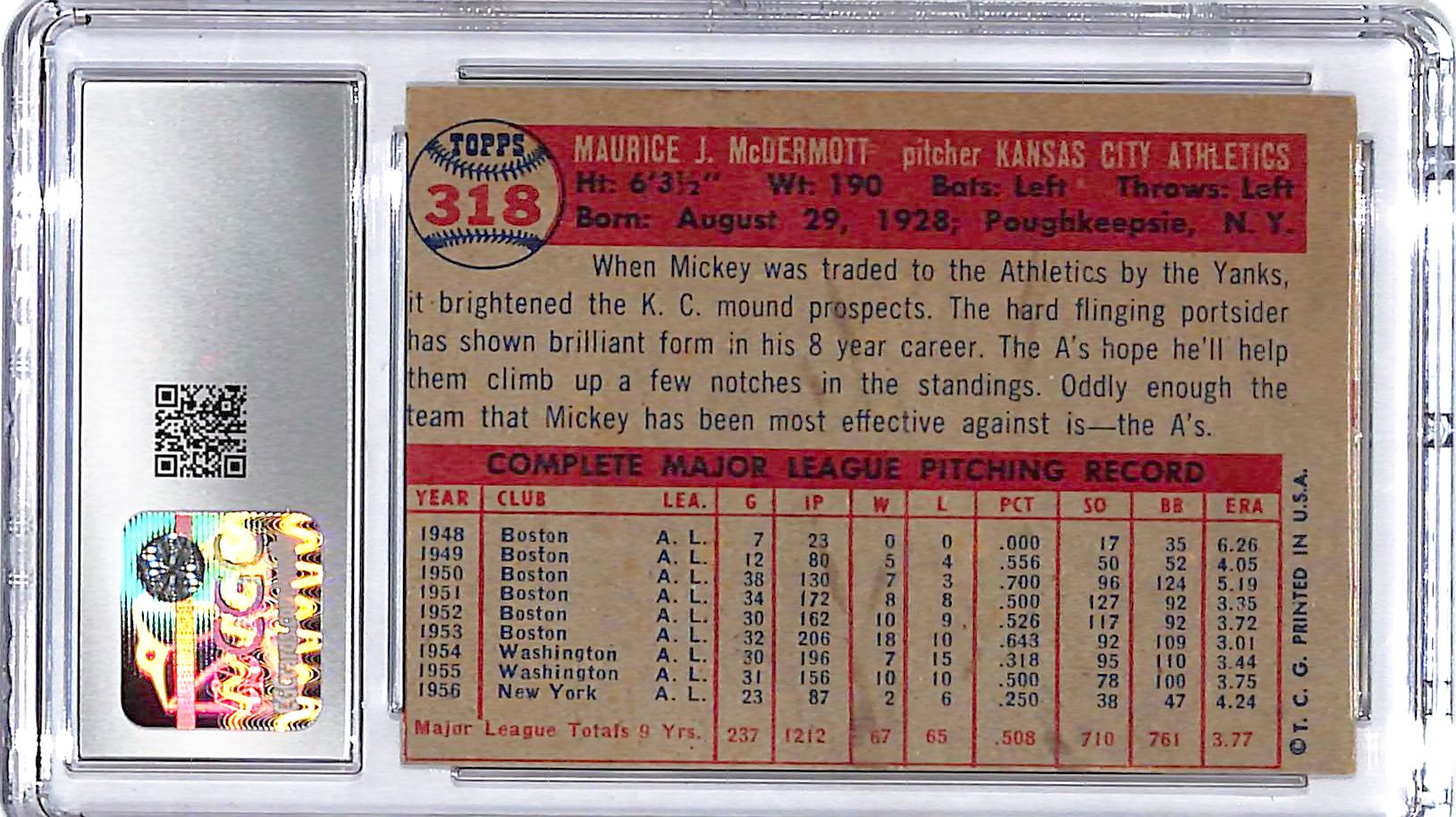 1957 Topps Mickey McDermott #318 CGC 5.5 As