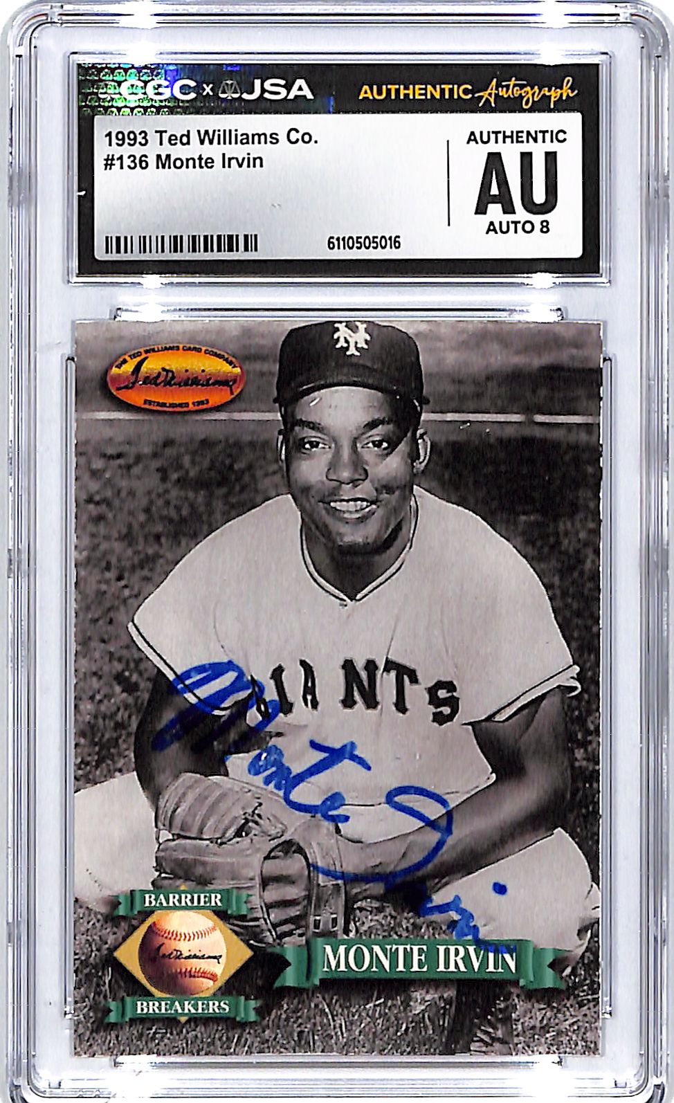 1993 Ted Williams Collection Monte Irvin Auto Autograph CGC Authentic Giants