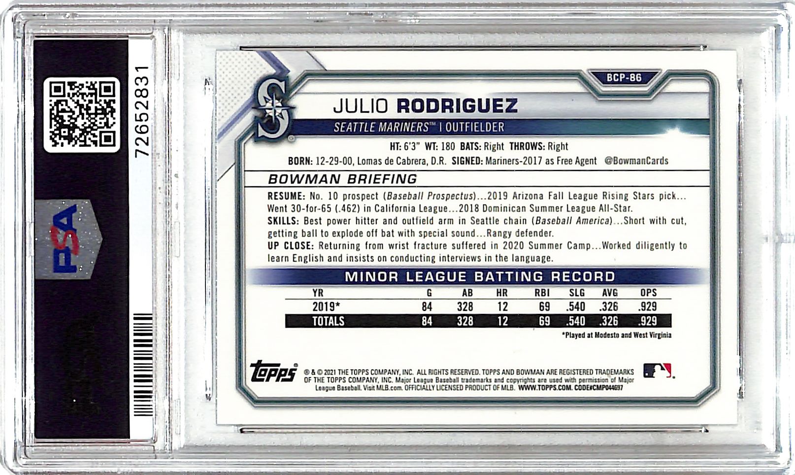 2021 Bowman Chrome Julio Rodriguez Rookie Mega Box Mojo Refractor PSA 10 Mariners