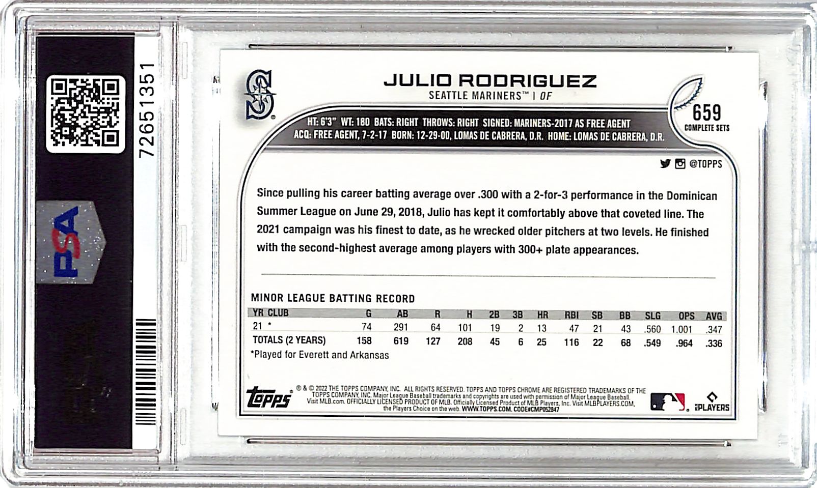 2022 Topps Complete Set Julio Rodriguez Rookie RC Variation PSA 9 Mariners