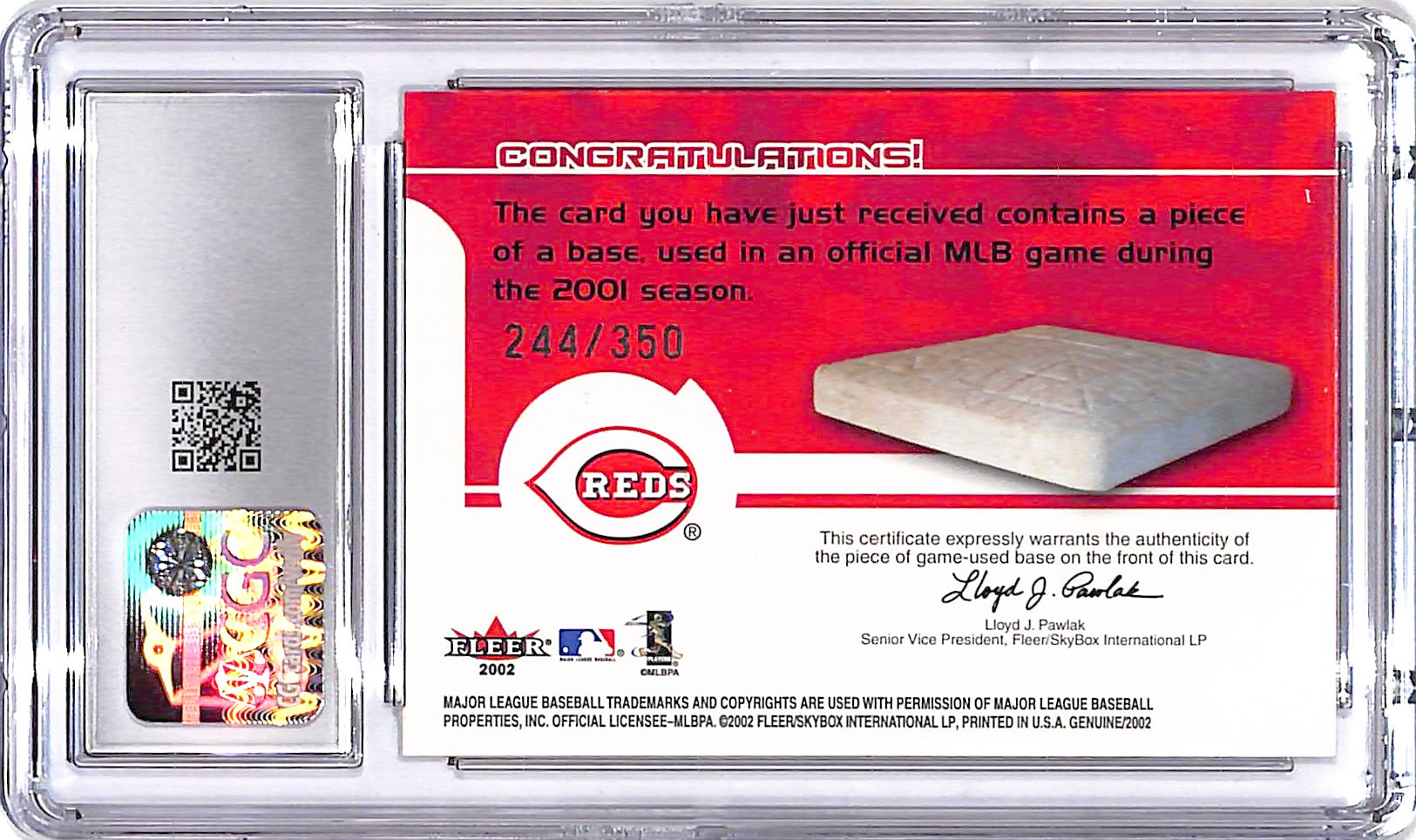 2002 Fleer Genuine Ken Griffey Jr Touch em All Game Base Relic /350 CGC 9 Reds