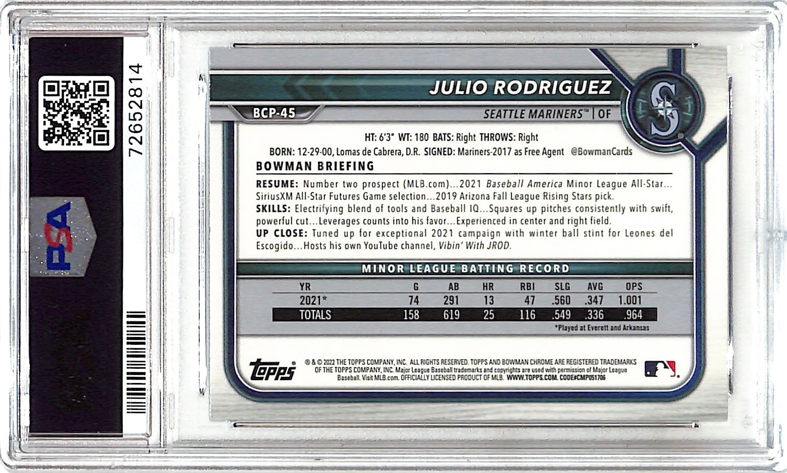 2022 Bowman Chrome Julio Rodriguez Rookie RC Prospect PSA 10 Mariners