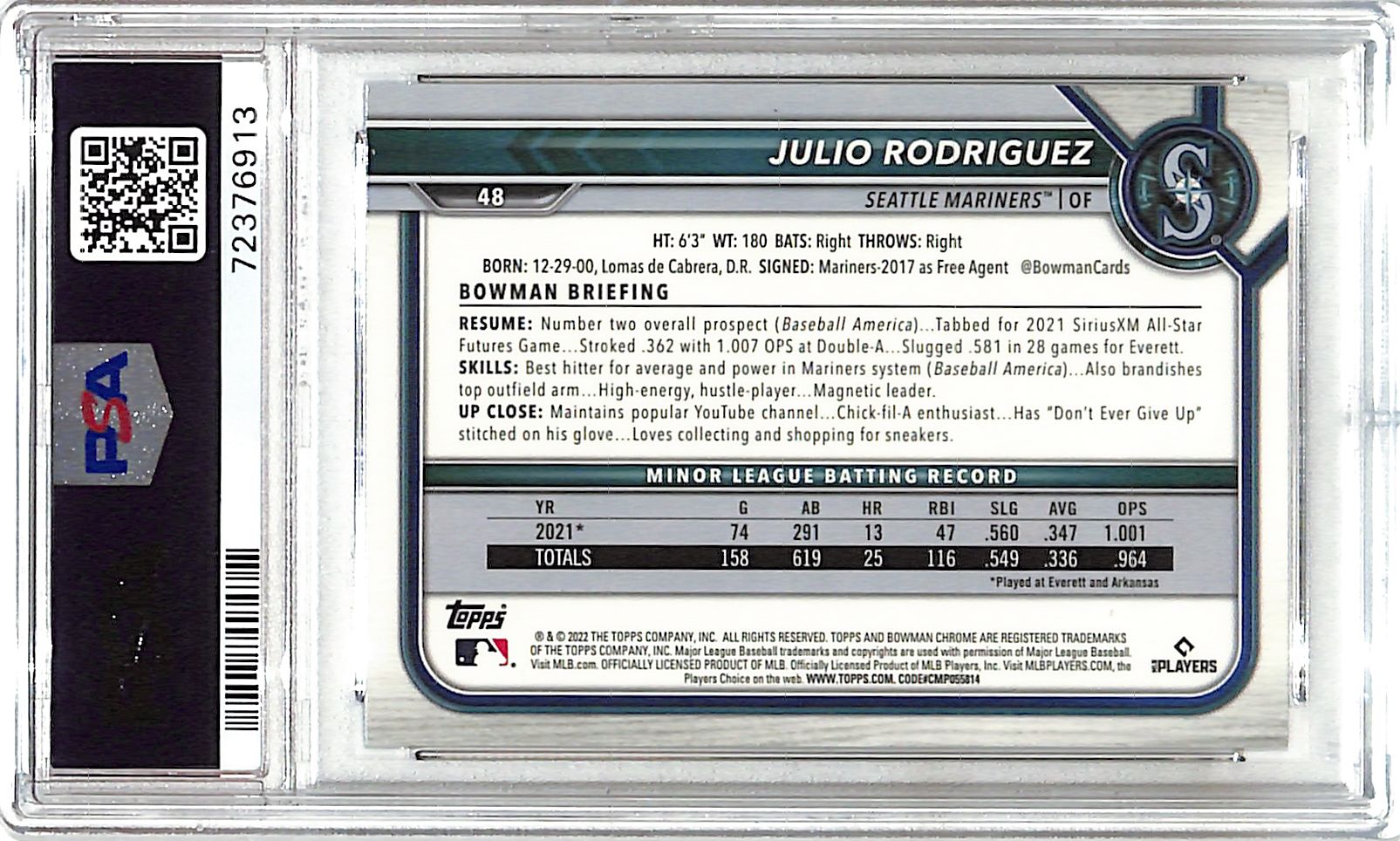 2022 Bowman Chrome Julio Rodriguez Rookie RC #48 PSA 10 Mariners