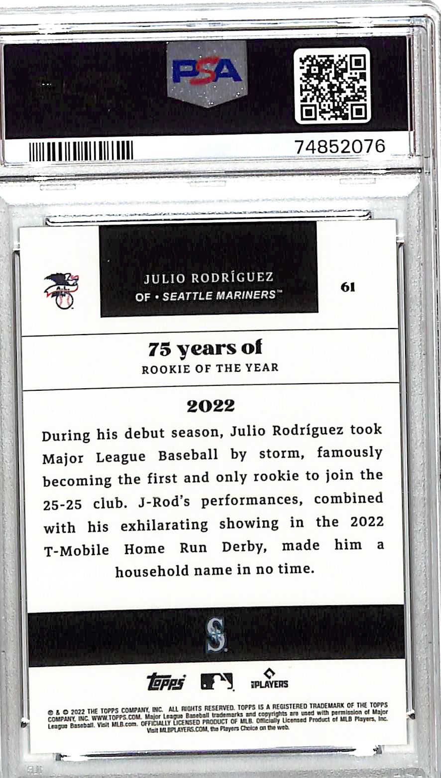 2022 Topps MLB Rookie of the Year 15th Anniversary Julio Rodriguez Rookie RC PSA 10 #61 Mariners
