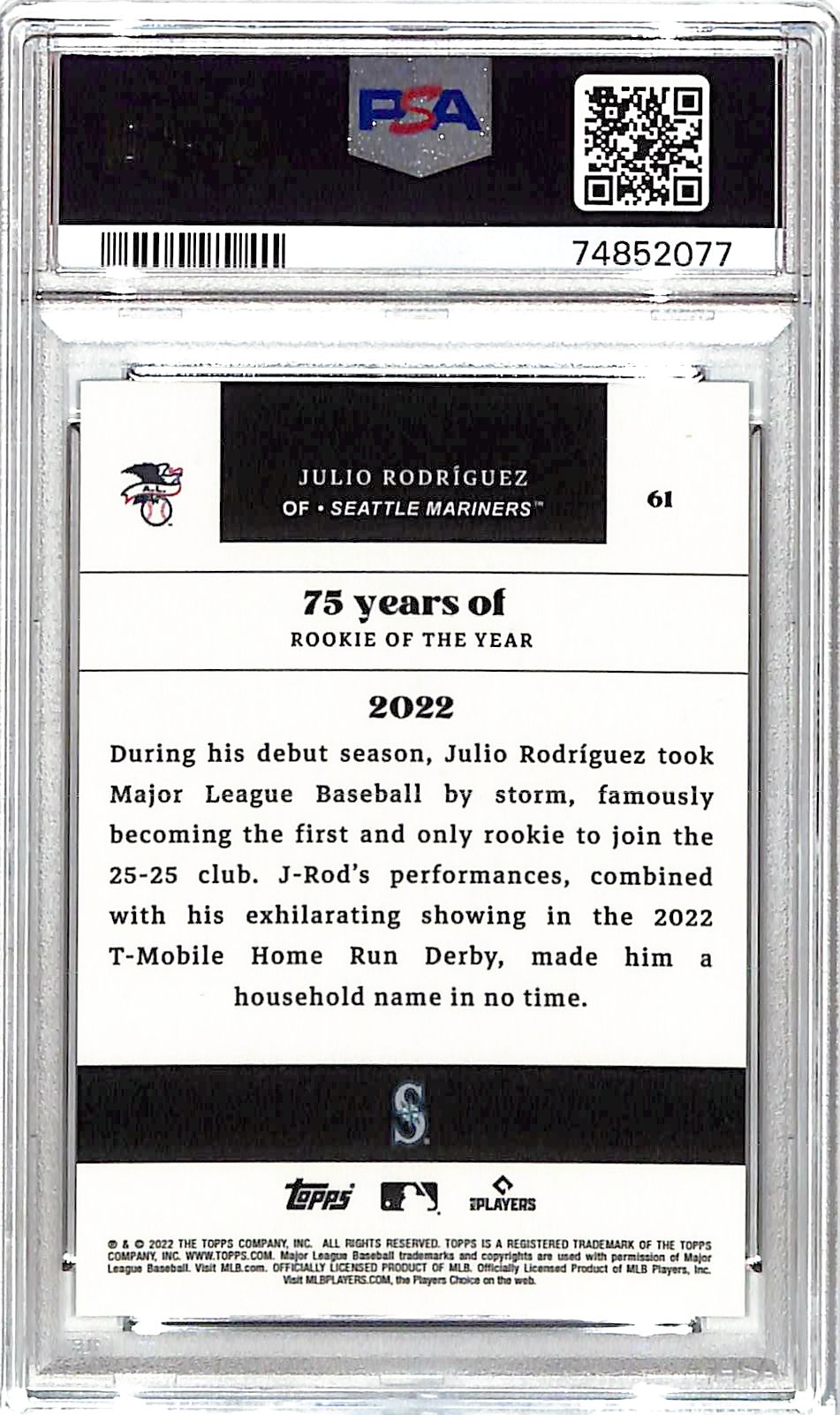 2022 Topps MLB Rookie of the Year 15th Anniversary Julio Rodriguez Rookie RC PSA 10 #61 Mariners