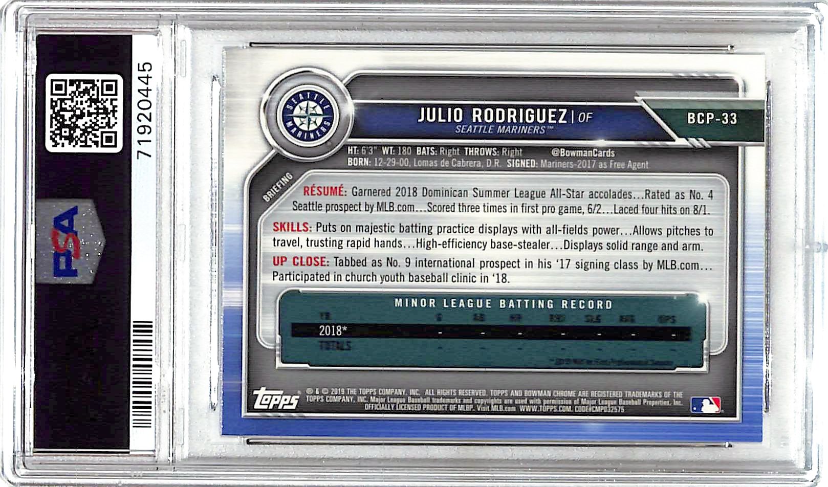 2019 Bowman Chrome Julio Rodriguez Rookie RC Prospect PSA 9 Mariners
