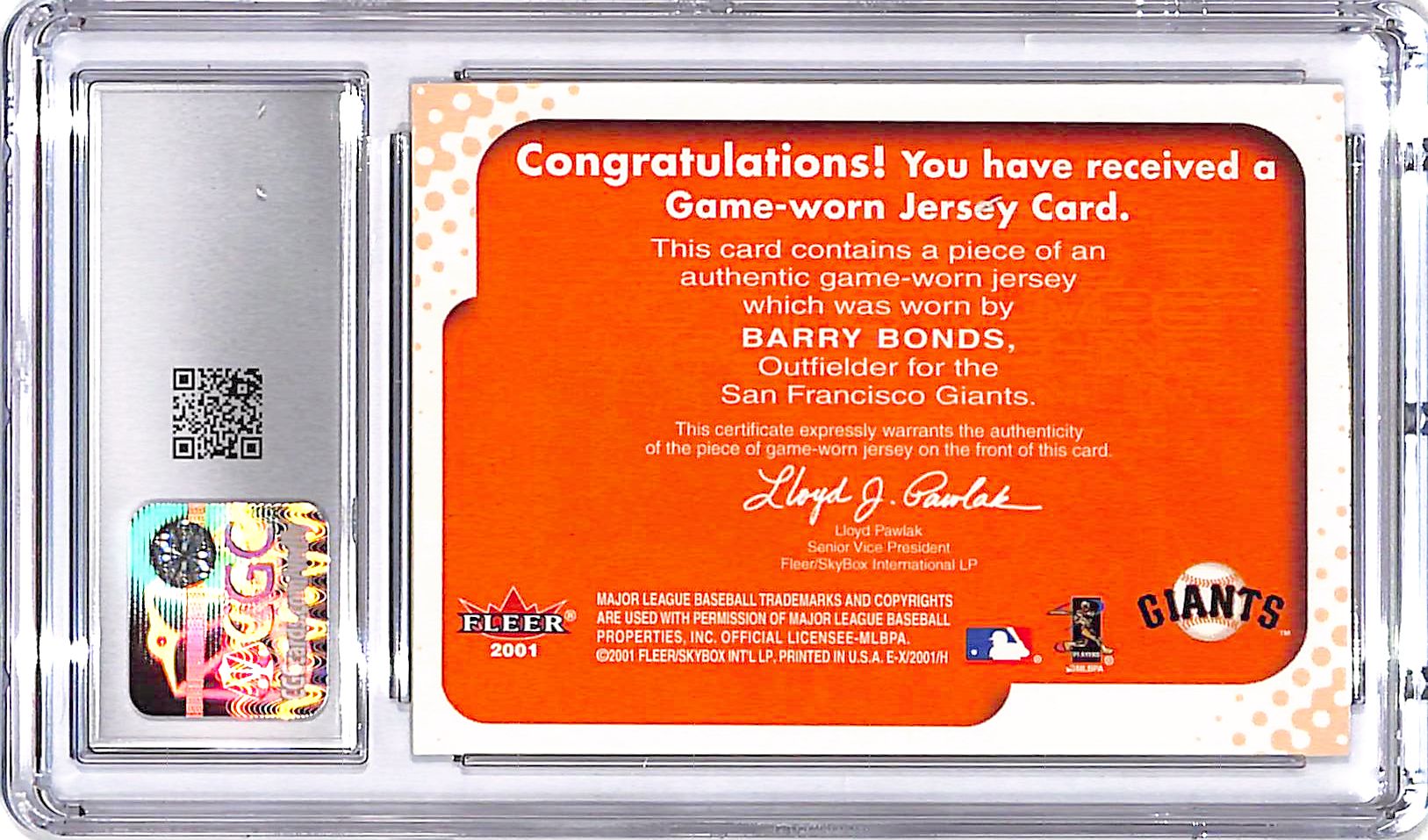 2001 Fleer E-X Barry Bonds Behind the Numbers Game Jersey Patch CGC 9