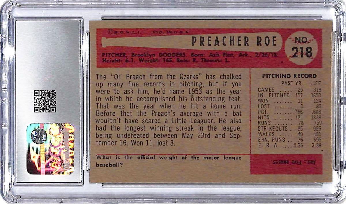 1954 Bowman Preacher Roe #218 CGC 6 Dodgers