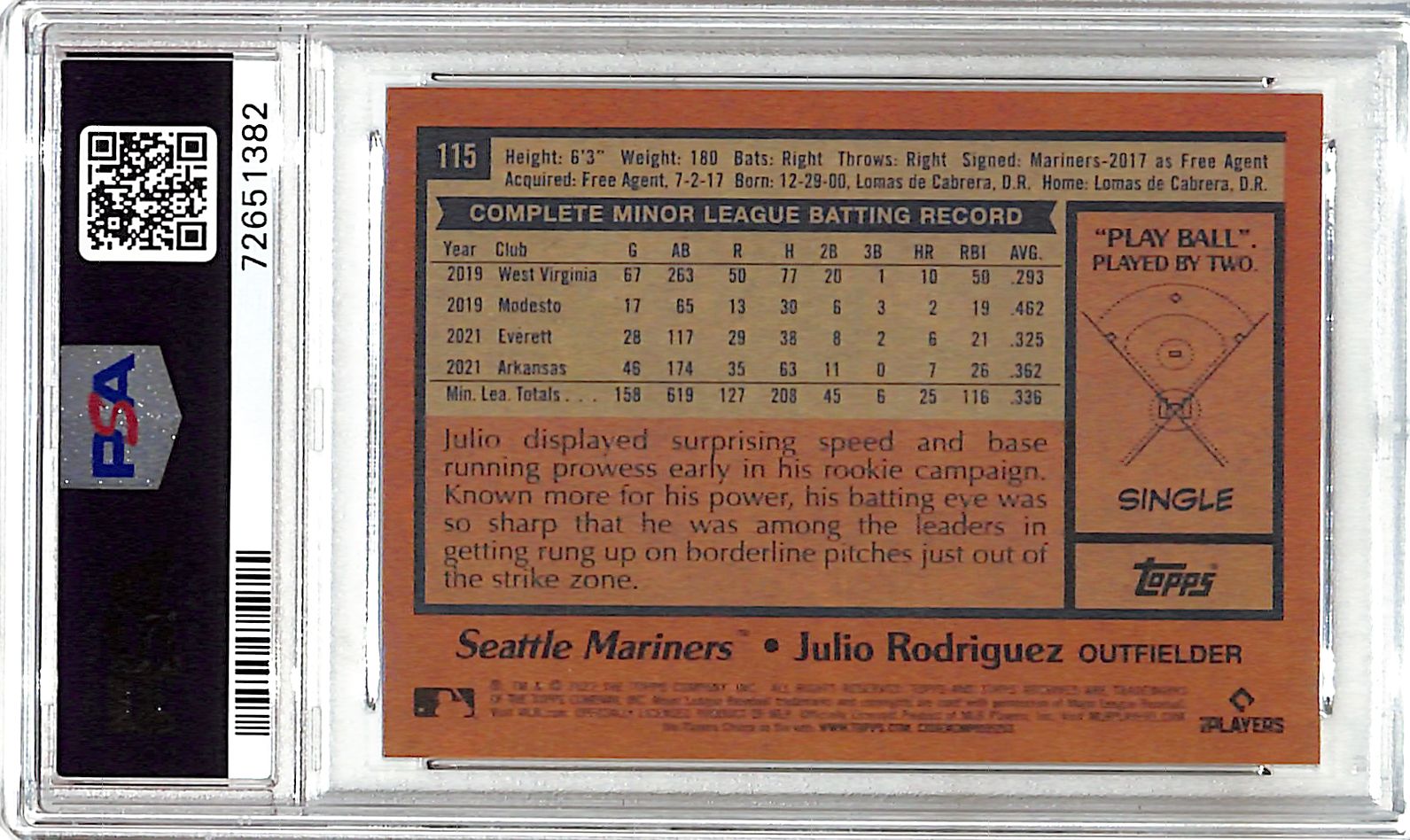 2022 Topps Archives Julio Rodriguez Rookie RC #115 PSA 10 Mariners