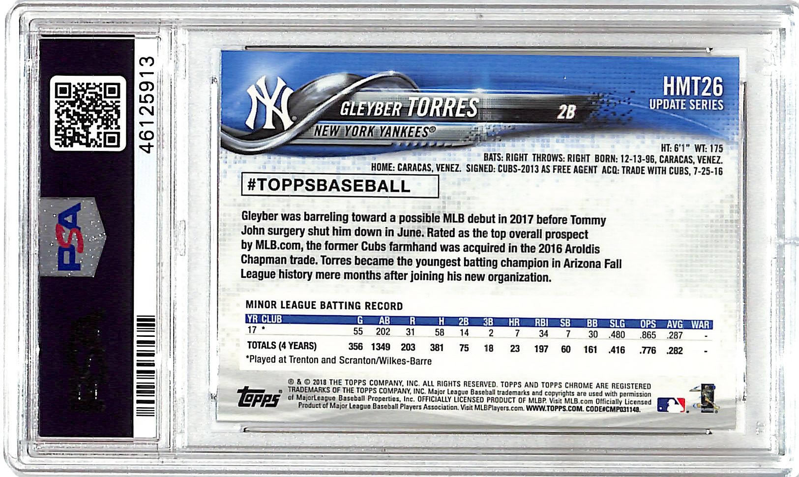 2018 Topps Chrome Update Gleyber Torres Rookie RC HMT26 PSA 10 Yankees