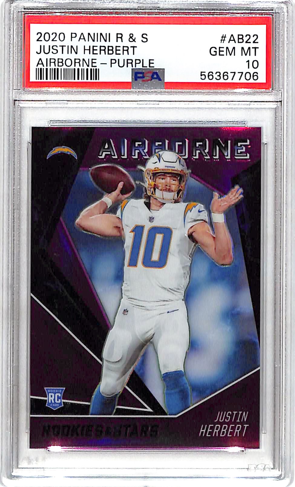 2020 Rookies and Stars Justin Herbert Airborne Rookie RC Purple /35 PSA 10 Chargers