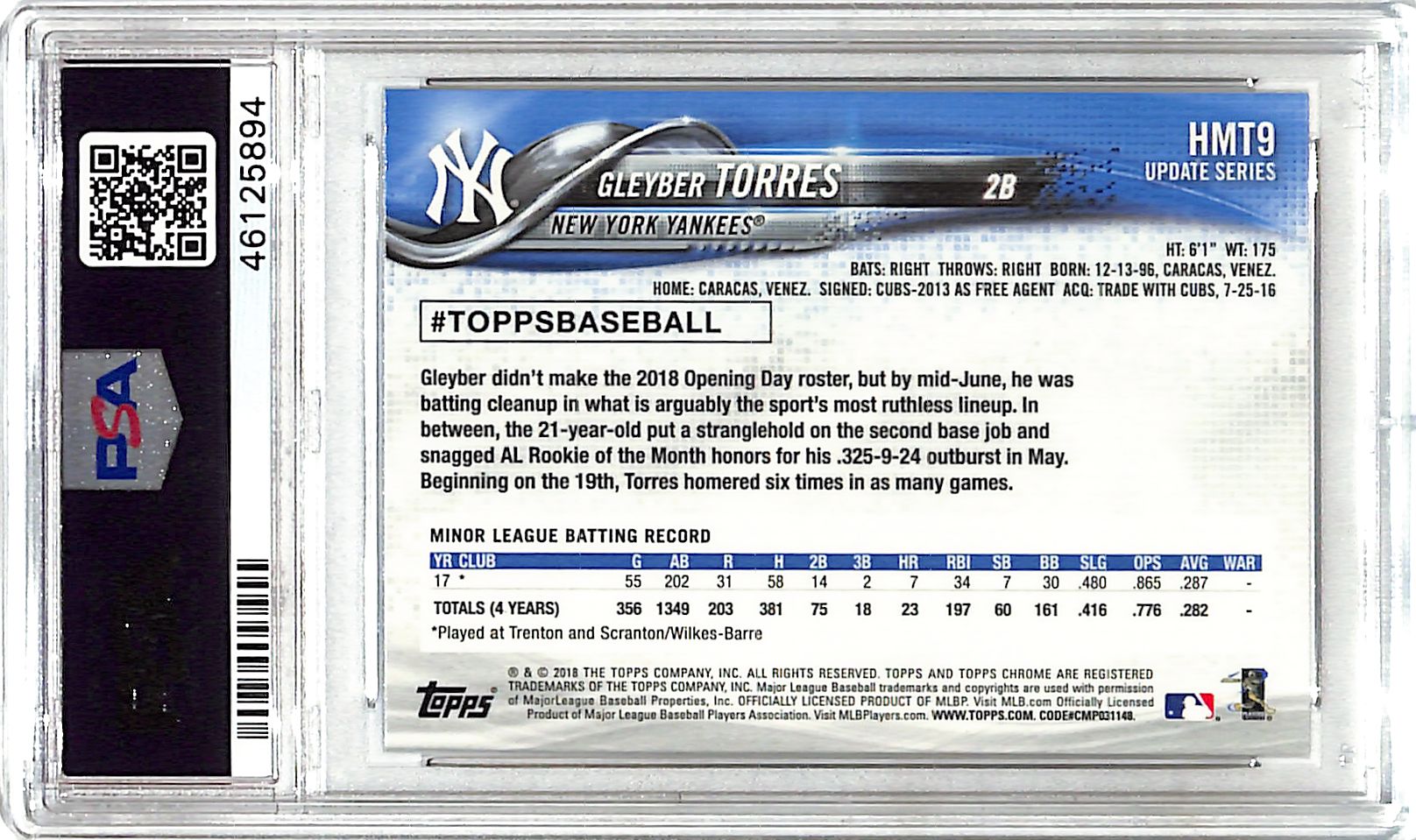 2018 Topps Chrome Update Gleyber Torres Rookie RC HMT9 PSA 10 Yankees